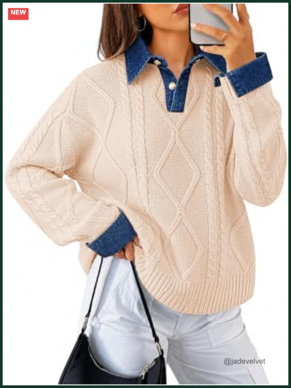 Women's Cable Knit Pullover Sweater, Button Denim Cuff, Acrylic